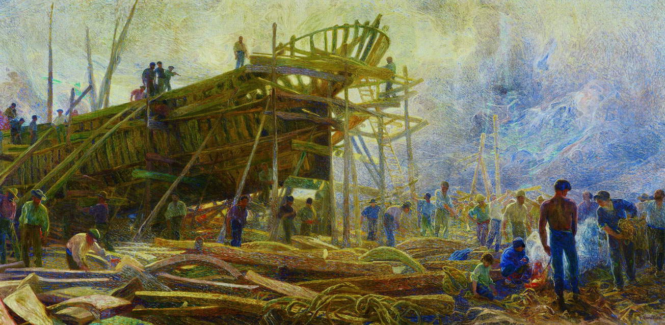 Plinio Nomellini, Il cantiere (1909: olio e tempera su tela, 300 x 600 cm; Genova, Galleria d'Arte Moderna)