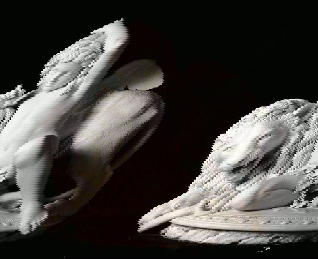 Santo Varni, L&rsquo;amore che doma la forza (1858; marmo, 85 x 90 x 62 cm; Genova, Galleria d'Arte Moderna)