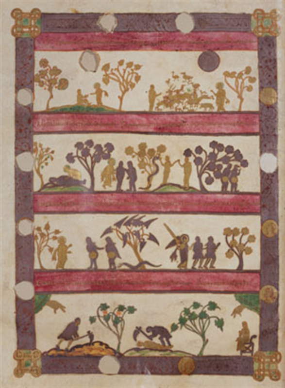 Artiste inconnu, récits de la Genèse, tirés de la Bible de Bamberg (milieu du IXe siècle après J.-C. ; miniature ; Bamberg, Staatsbibliothek, Msc.Bibl.1, f. 7v) Artiste inconnu, récits de la Genèse, tirés de la Bible de Bamberg (milieu du IXe siècle après J.-C. ; miniature ; Bamberg, Staatsbibliothek, Msc.Bibl.1, f. 7v)