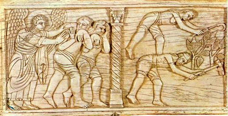 Artiste inconnu, Expulsion du paradis terrestre et Adam et Ève au travail, du Paliotto de la cathédrale de Salerne (vers 1090 ; ivoire ; Salerne, musée de la cathédrale) Artiste inconnu, Expulsion du paradis terrestre et Adam et Ève au travail, du Paliotto de la cathédrale de Salerne (vers 1090 ; ivoire ; Salerne, musée de la cathédrale)