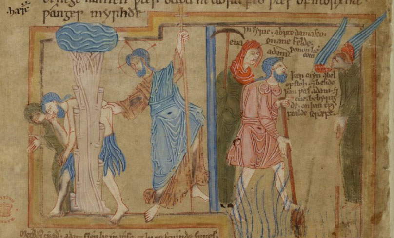 Artiste inconnu, Expulsion du paradis terrestre et Adam et Ève au travail, d'après la Paraphrase d'Aelfric (milieu du XIIe siècle ; miniature ; Londres, British Library, ms. Cotton Claudius B. IV, f. 7v) Artiste inconnu, Expulsion du paradis terrestre et Adam et Ève au travail, d'après la Paraphrase d'Aelfric (milieu du XIIe siècle ; miniature ; Londres, British Library, ms. Cotton Claudius B. IV, f. 7v)