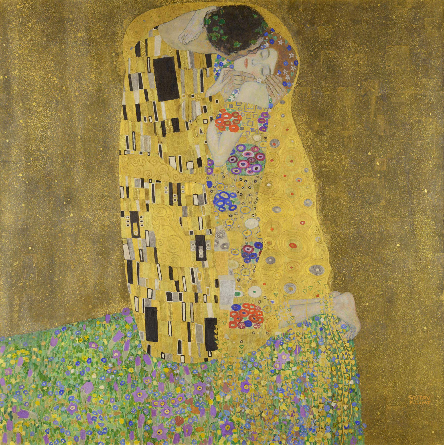 Gustav Klimt, The Kiss (1908; oil on canvas, 180 x 180 cm; Vienna, Österreichische Galerie Belvedere) Gustav Klimt, The Kiss (1908; oil on canvas, 180 x 180 cm; Vienna, Österreichische Galerie Belvedere)