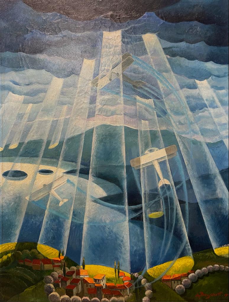 Alessandro Bruschetti, Luces y aviones sobre el lago (1936; óleo sobre lienzo; colección privada). Por concesión de las galerías Leo, Monza