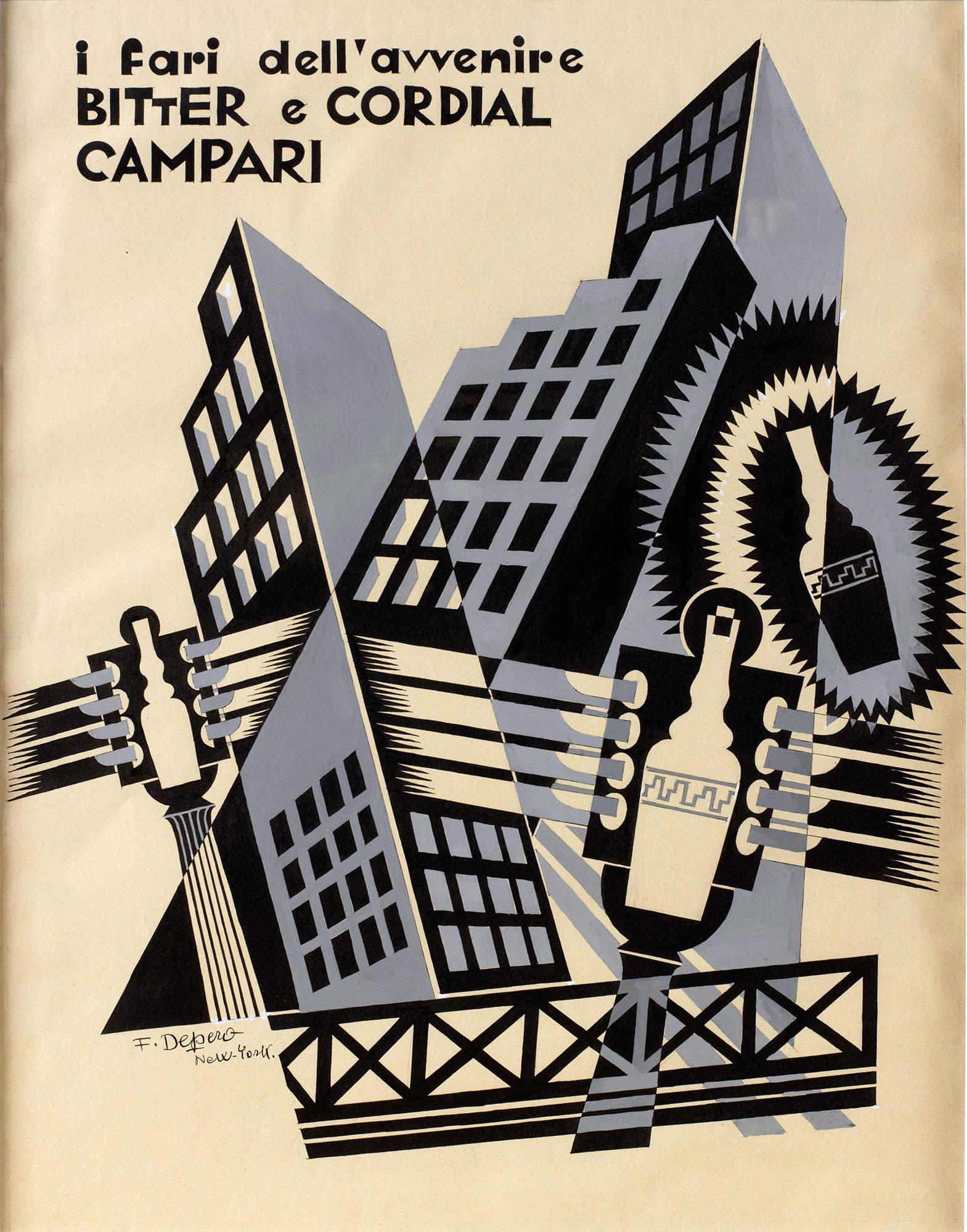 Fortunato Depero, I fari dell'avvenire Amargo y cordial Campari (1931; tinta sobre cartón; Sesto San Giovanni, Galleria Campari) &copy; F. Depero concesión Archivo Depero