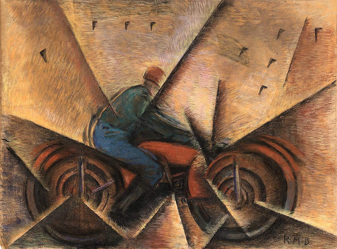 Roberto Marcello Iras Baldessari, Motociclista y ciudad (1916; pasteles sobre papel; colección privada). Por concesión de las galerías Leo, Monza