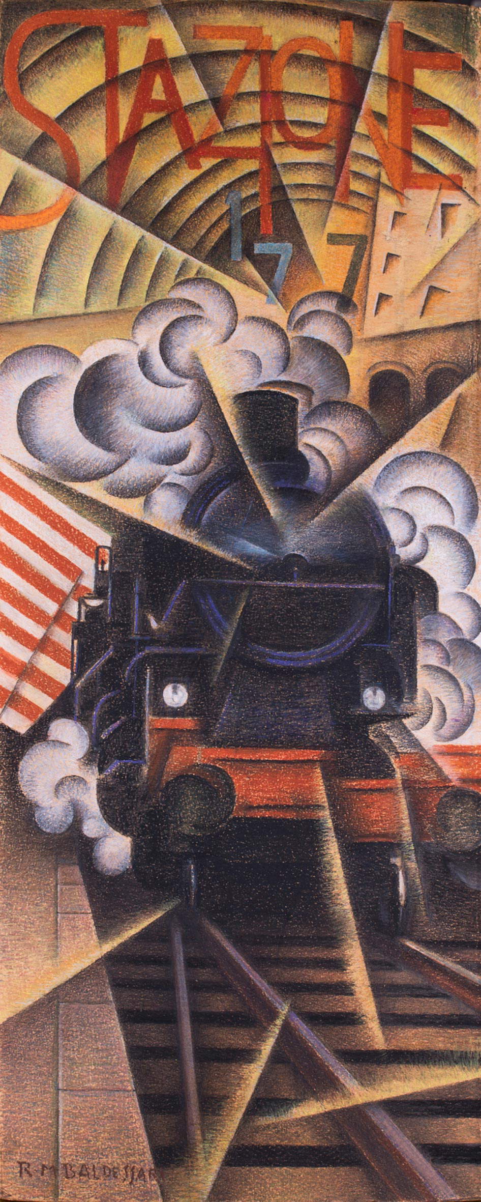 Roberto Marcello Iras Baldessari, Estación+tren+velocidad (c. 1916; pasteles sobre papel; Colección particular). Concesión de las galerías Leo, Monza