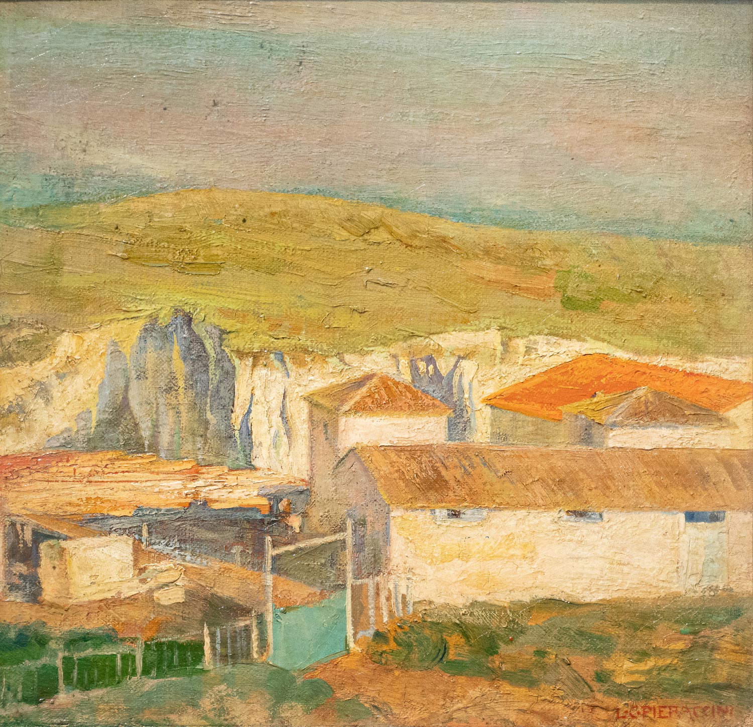 Leonetta Pieraccini Cecchi, Landschaft (Die Ziegelei) (1911; Öl auf Leinwand auf Karton, 35 x 36 cm; Livorno, Museo Civico Giovanni Fattori). Foto: Emiliano Cicero Leonetta Pieraccini Cecchi, Landschaft (Die Ziegelei) (1911; Öl auf Leinwand auf Karton, 35 x 36 cm; Livorno, Museo Civico Giovanni Fattori). Foto: Emiliano Cicero