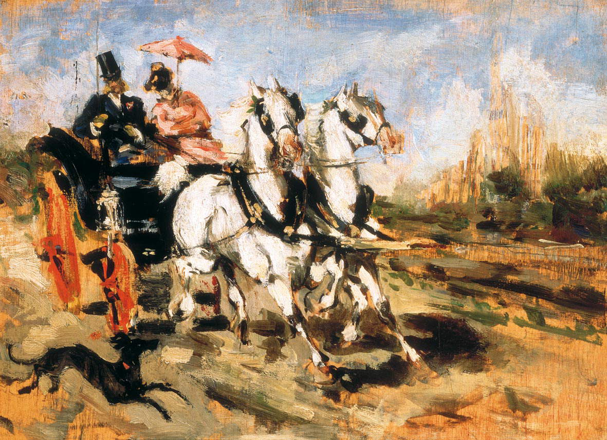Giovanni Boldini, Carrosse à Versailles (vers 1873 ; huile sur panneau, 19,8 x 26,8 cm ; Milan, Collection Banco BPM)