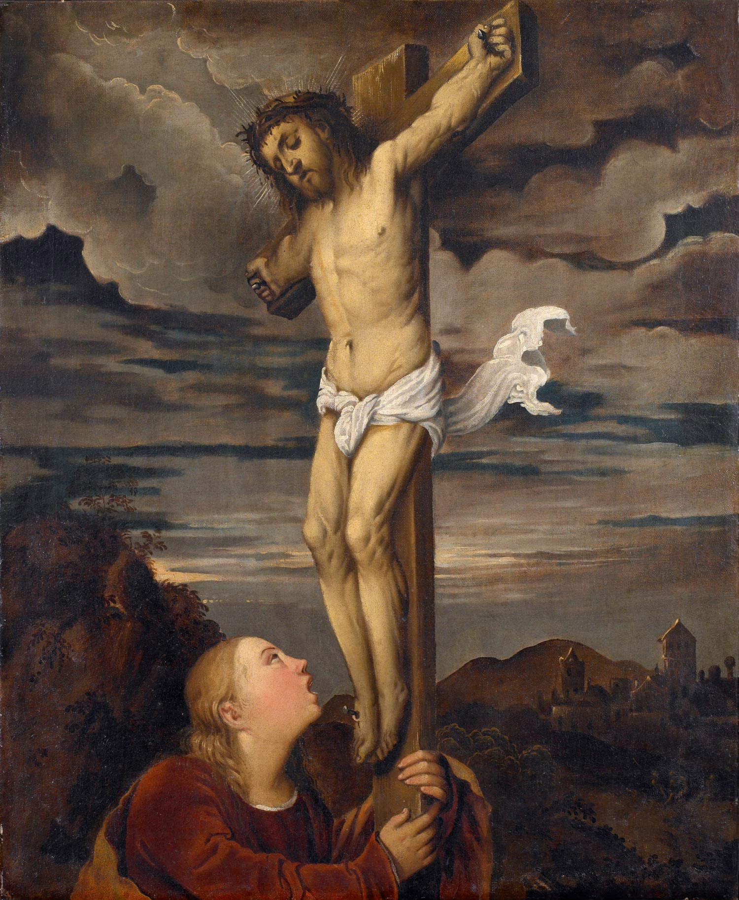 Romanino, Crucifix avec Madddalena (vers 1541-1543 ; huile sur toile, 65 x 80 cm ; Brescia, Pinacothèque Tosio Martinengo)