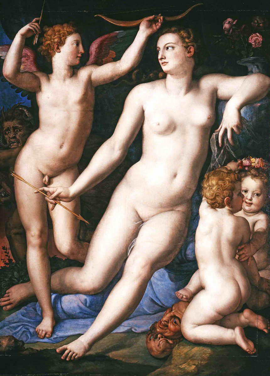 Bronzino, Allegoria con Vénus et Cupidon (1550 circa; olio su tavola, 175,5 x 142 cm; Budapest, Museo di Belle Arti) Bronzino, Allegoria con Vénus et Cupidon (1550 circa; olio su tavola, 175,5 x 142 cm; Budapest, Museo di Belle Arti)