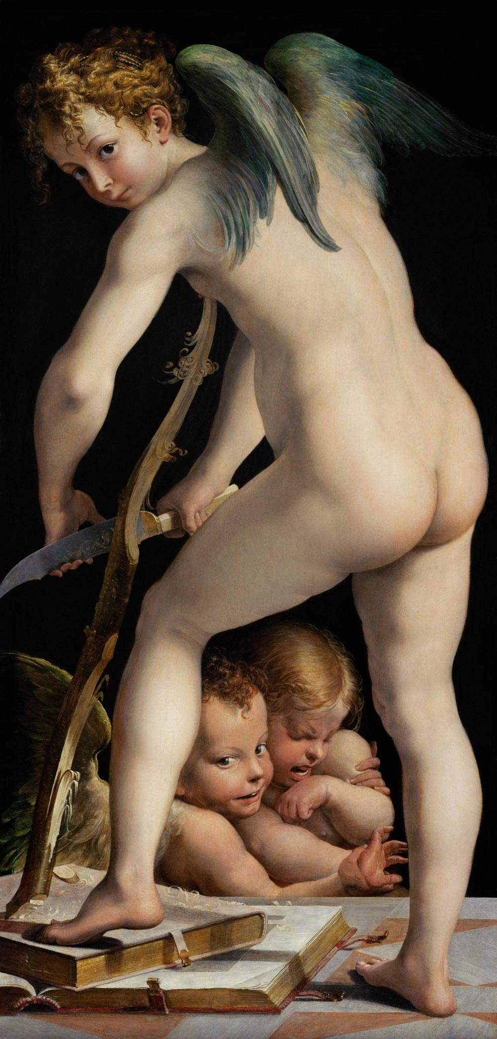 Parmigianino, Cupidon s'inclinant (vers 1533-1535 ; huile sur panneau, 135 x 65,3 cm ; Vienne, Kunsthistorisches Museum) Parmigianino, Cupidon s'inclinant (vers 1533-1535 ; huile sur panneau, 135 x 65,3 cm ; Vienne, Kunsthistorisches Museum)