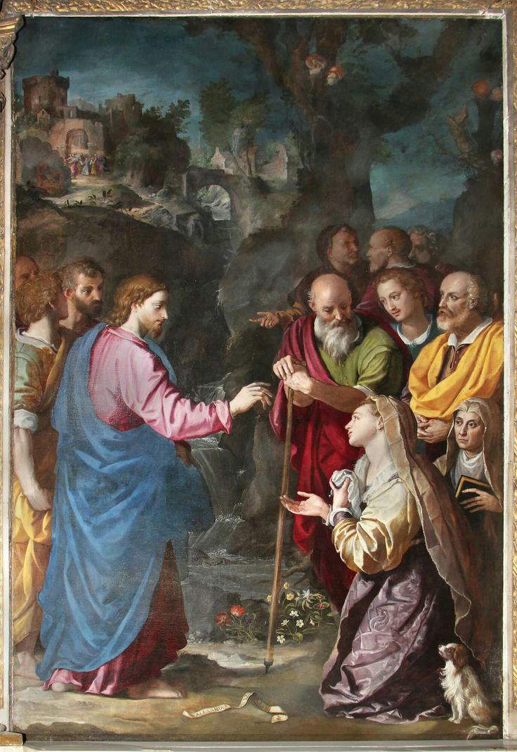 Alessandro Allori, Jesus und die kanaanäische Frau (um 1587; Öl auf Leinwand, 316 × 200 cm; Florenz, Kirche San Giovannino, bekannt als die Scolopi) Alessandro Allori, Jesus und die kanaanäische Frau (um 1587; Öl auf Leinwand, 316 × 200 cm; Florenz, Kirche San Giovannino, bekannt als die Scolopi)
