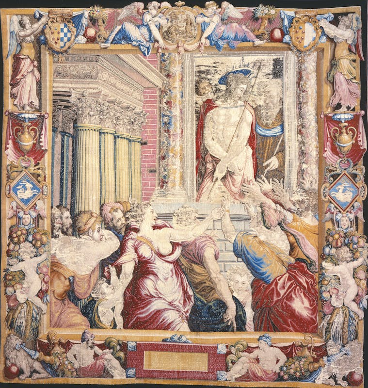 Die Werkstatt von Nicolas Karcher da Francesco Salviati, Ecce Homo (Zeichnung, Karikatur?: vor dem 12. Oktober 1547; Tapisserie: vor dem 28. April 1549; Schuss: Seide; Kette: Wolle; 9-11 Fäden pro cm, 226 × 218 cm; Florenz, Uffizien, Galleria delle Statue e delle Pitture, Inv. Tapisserien, Nr. 60) Die Werkstatt von Nicolas Karcher da Francesco Salviati, Ecce Homo (Zeichnung, Karikatur?: vor dem 12. Oktober 1547; Tapisserie: vor dem 28. April 1549; Schuss: Seide; Kette: Wolle; 9-11 Fäden pro cm, 226 × 218 cm; Florenz, Uffizien, Galleria delle Statue e delle Pitture, Inv. Tapisserien, Nr. 60)