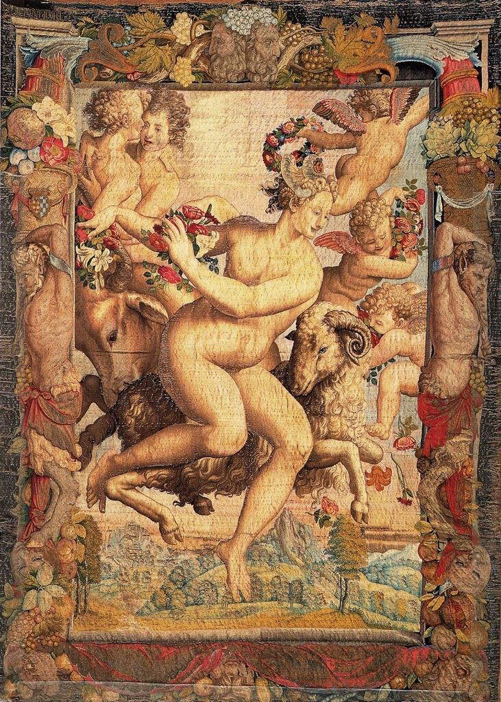 Werkstatt von Jan Rost von Agnolo Bronzino, Der Frühling (Zeichnung, Karton, Tapisserie: vor dem 15. Mai 1546; Schuss: Wolle, Seide, Gold und vergoldetes Silber; Kette: Wolle; 7-9 Fäden pro cm, 235 × 168 cm; Florenz, Uffizien, Palazzo Pitti, Inv. Wandteppiche, Nr. 541) Werkstatt von Jan Rost von Agnolo Bronzino, Der Frühling (Zeichnung, Karton, Tapisserie: vor dem 15. Mai 1546; Schuss: Wolle, Seide, Gold und vergoldetes Silber; Kette: Wolle; 7-9 Fäden pro cm, 235 × 168 cm; Florenz, Uffizien, Palazzo Pitti, Inv. Wandteppiche, Nr. 541)