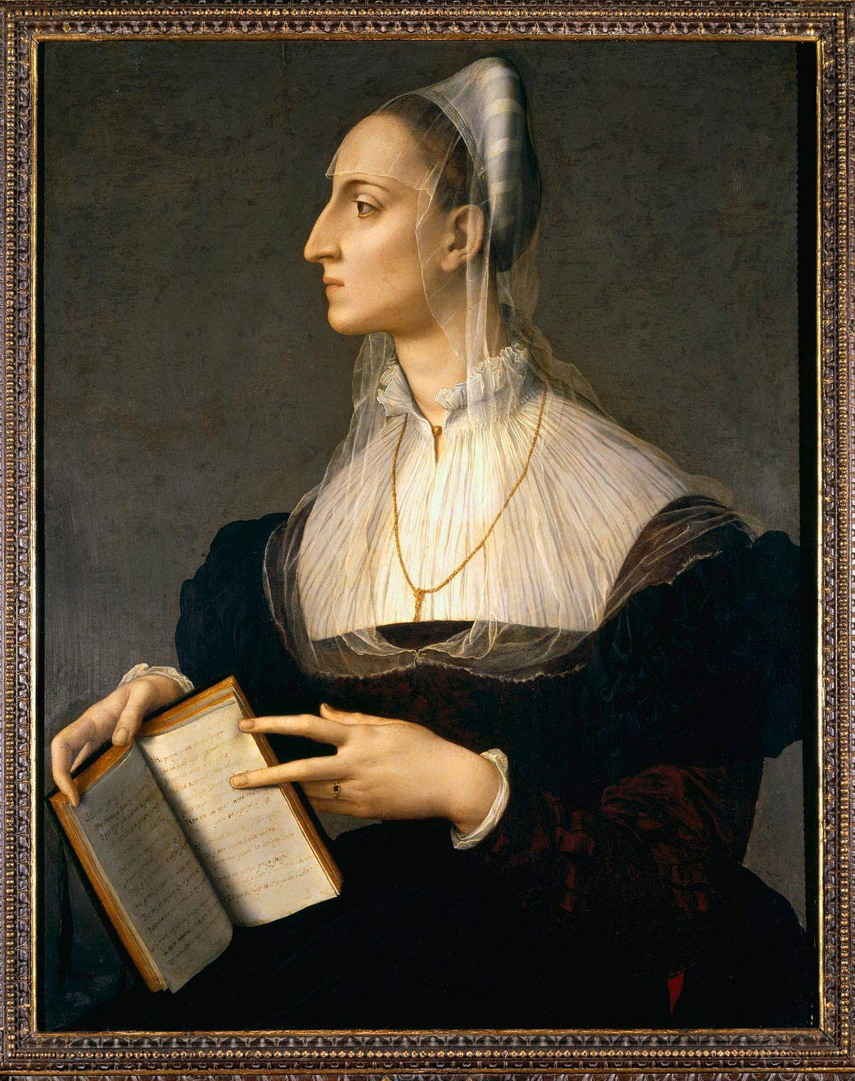 Agnolo Bronzino, Porträt von Laura Battiferri (um 1560; Öl auf Tafel, 83 × 60 cm; Florenz, Musei Civici Fiorentini, Museo di Palazzo Vecchio, Schenkung Loeser, Inv. MCF LOE 1933-17) Agnolo Bronzino, Porträt von Laura Battiferri (um 1560; Öl auf Tafel, 83 × 60 cm; Florenz, Musei Civici Fiorentini, Museo di Palazzo Vecchio, Schenkung Loeser, Inv. MCF LOE 1933-17)