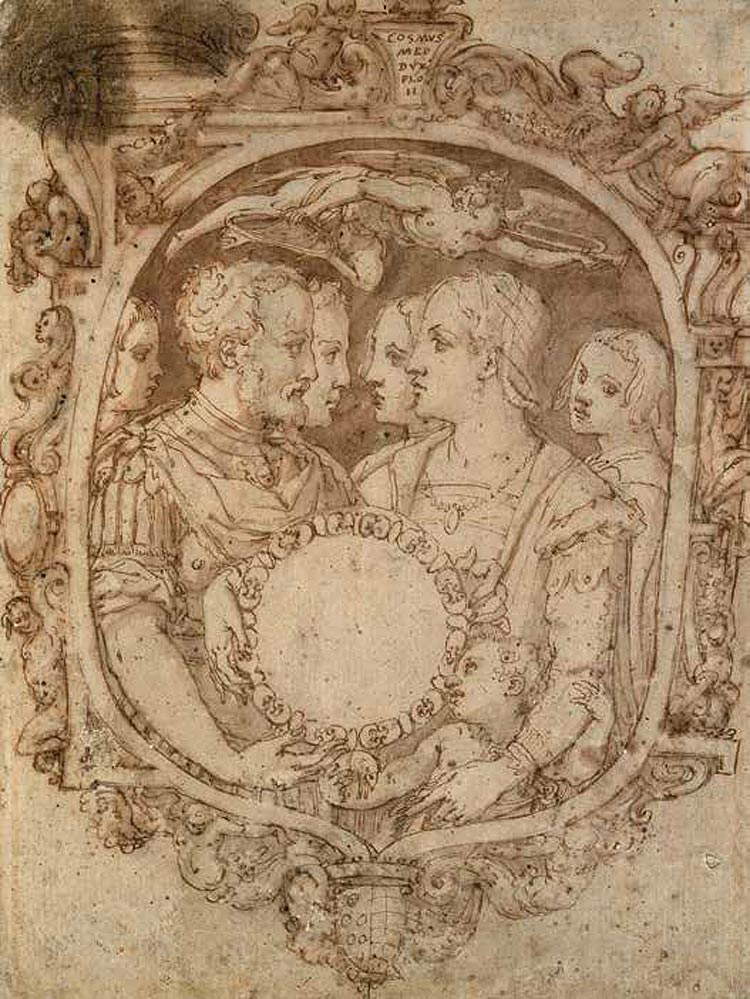 Giorgio Vasari, Cosimo I. de' Medici, Eleonora von Toledo und fünf Kinder (1557-1558; Feder und braune Tinte, Pinsel und braunes Aquarell, auf Spuren von schwarzem Stein, 283 × 210 mm; Oxford, Christ Church Picture Gallery, Inv.-Nr. 0183) Giorgio Vasari, Cosimo I. de' Medici, Eleonora von Toledo und fünf Kinder (1557-1558; Feder und braune Tinte, Pinsel und braunes Aquarell, auf Spuren von schwarzem Stein, 283 × 210 mm; Oxford, Christ Church Picture Gallery, Inv.-Nr. 0183)