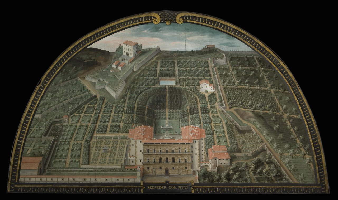 Giusto Utens, Belveder mit Pitti (1599-1604; Öl -und Tempera?- auf Leinwand, 143 × 247 cm; Florenz, Villa Medicea della Petraia, Inv. 1890, Nr. 6314) Giusto Utens, Belveder mit Pitti (1599-1604; Öl -und Tempera?- auf Leinwand, 143 × 247 cm; Florenz, Villa Medicea della Petraia, Inv. 1890, Nr. 6314)