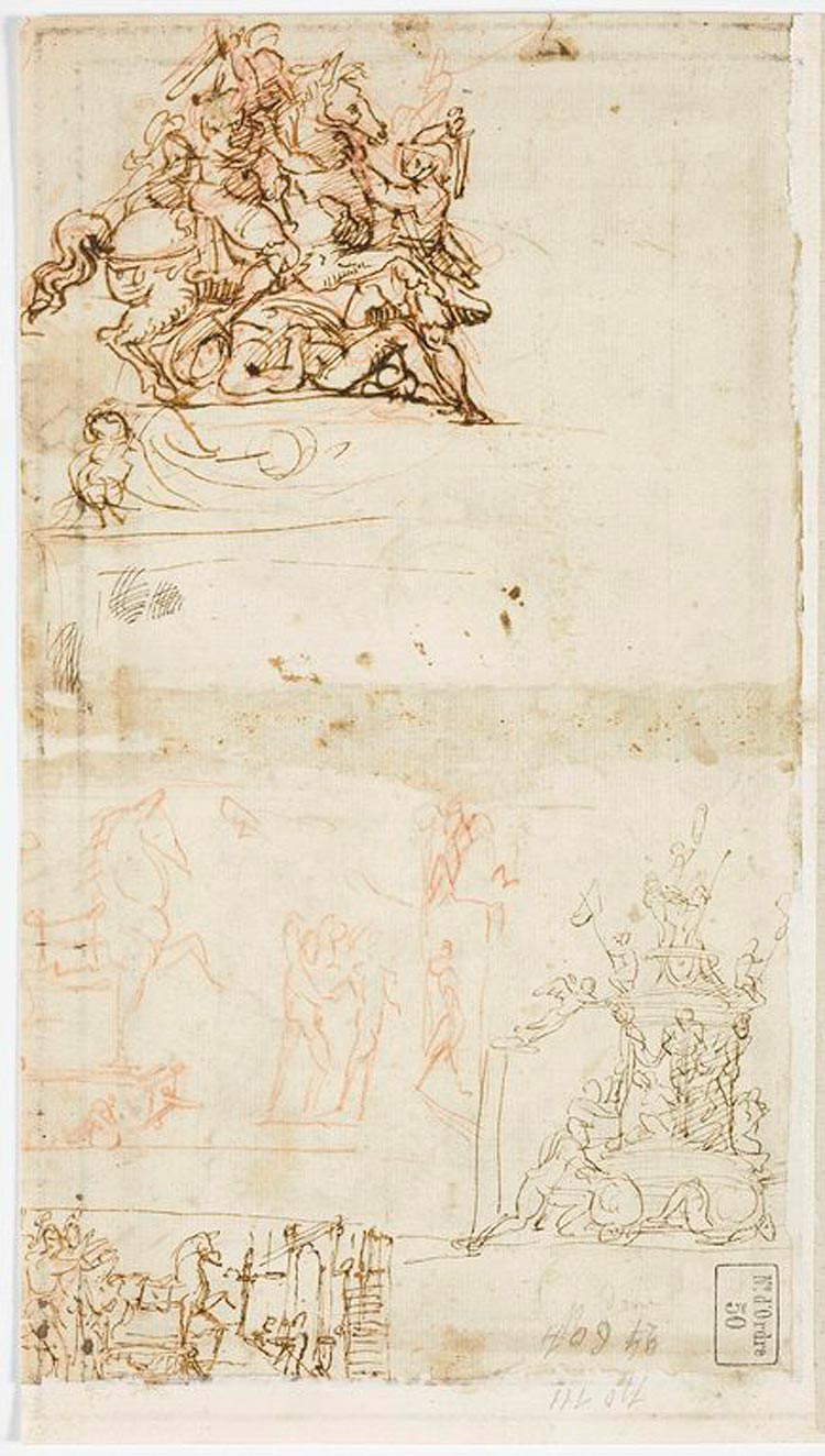 Niccolò Tribolo, Zeichnung für das vergängliche Denkmal für Giovanni delle Bande Nere (1539; Feder, Tinte und Rotstift auf Papier, 265 × 152 mm; Paris, Musée du Louvre, Cabinet des dessins, Inv. 50, verso) Niccolò Tribolo, Zeichnung für das vergängliche Denkmal für Giovanni delle Bande Nere (1539; Feder, Tinte und Rotstift auf Papier, 265 × 152 mm; Paris, Musée du Louvre, Cabinet des dessins, Inv. 50, verso)