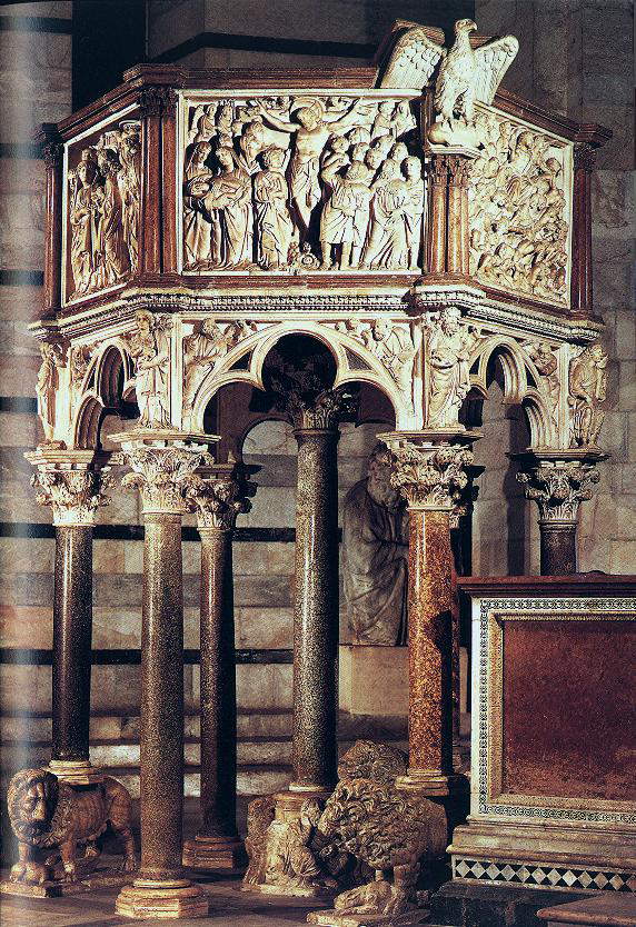 Nicola Pisano, Púlpito del Baptisterio de Pisa (1260; mármol, altura 465 cm; Pisa, Baptisterio) Nicola Pisano, Púlpito del Baptisterio de Pisa (1260; mármol, altura 465 cm; Pisa, Baptisterio)