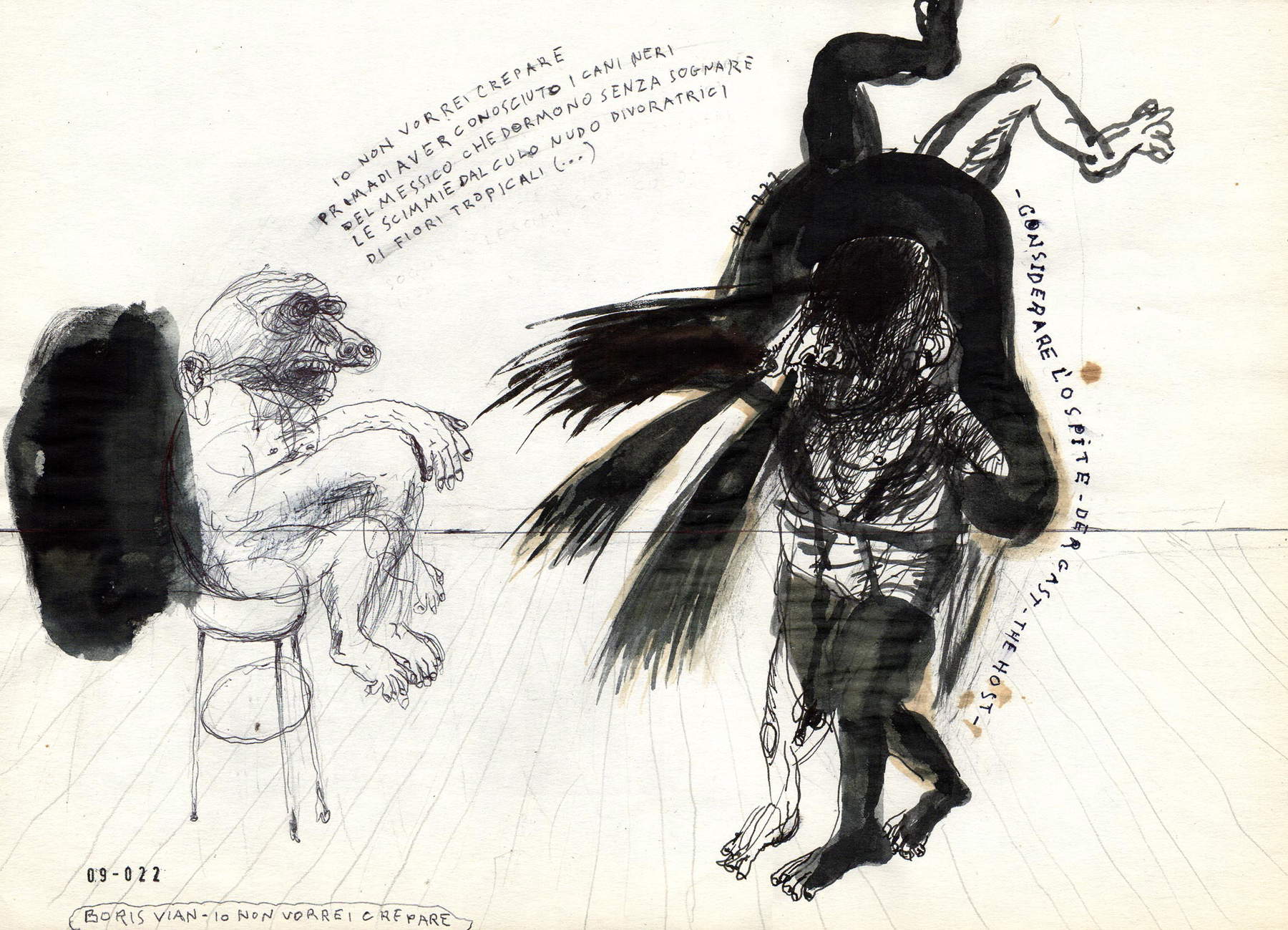 Riccardo Gemma, Boris Vian-Io non vorrei crepare (2022 ; biros et encre, 25 x 34 cm) Riccardo Gemma, Boris Vian-Io non vorrei crepare (2022 ; biros et encre, 25 x 34 cm)