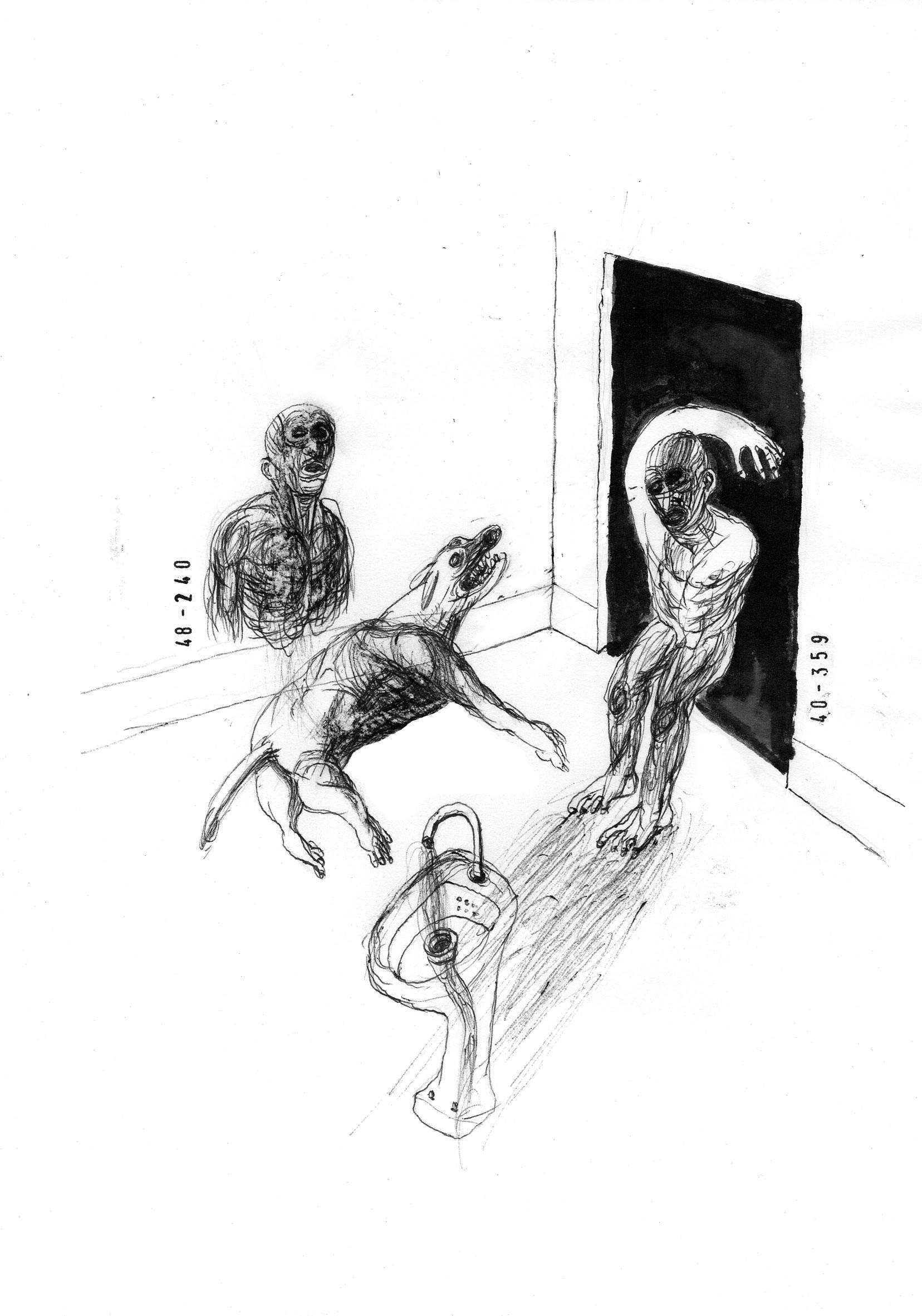 Riccardo Gemma, Deux études anatomiques avec chien (2019 ; biros et encre, 29,7 x 21 cm). Riccardo Gemma, Deux études anatomiques avec chien (2019 ; biros et encre, 29,7 x 21 cm).