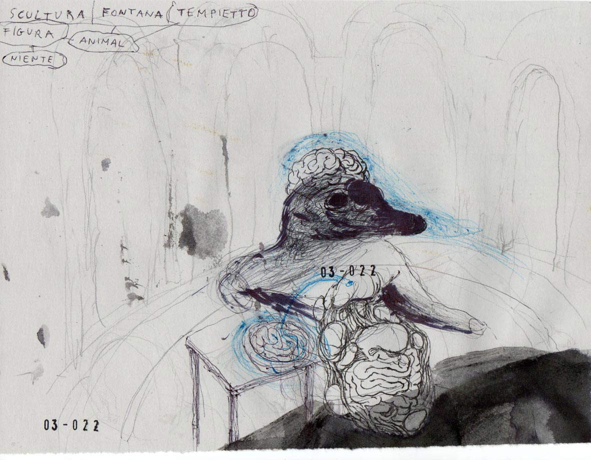 Riccardo Gemma, Fontaine (étude pour une sculpture) (2022 ; biros, marqueur et encre, 15 x 21 cm) Riccardo Gemma, Fontaine (étude pour une sculpture) (2022 ; biros, marqueur et encre, 15 x 21 cm)