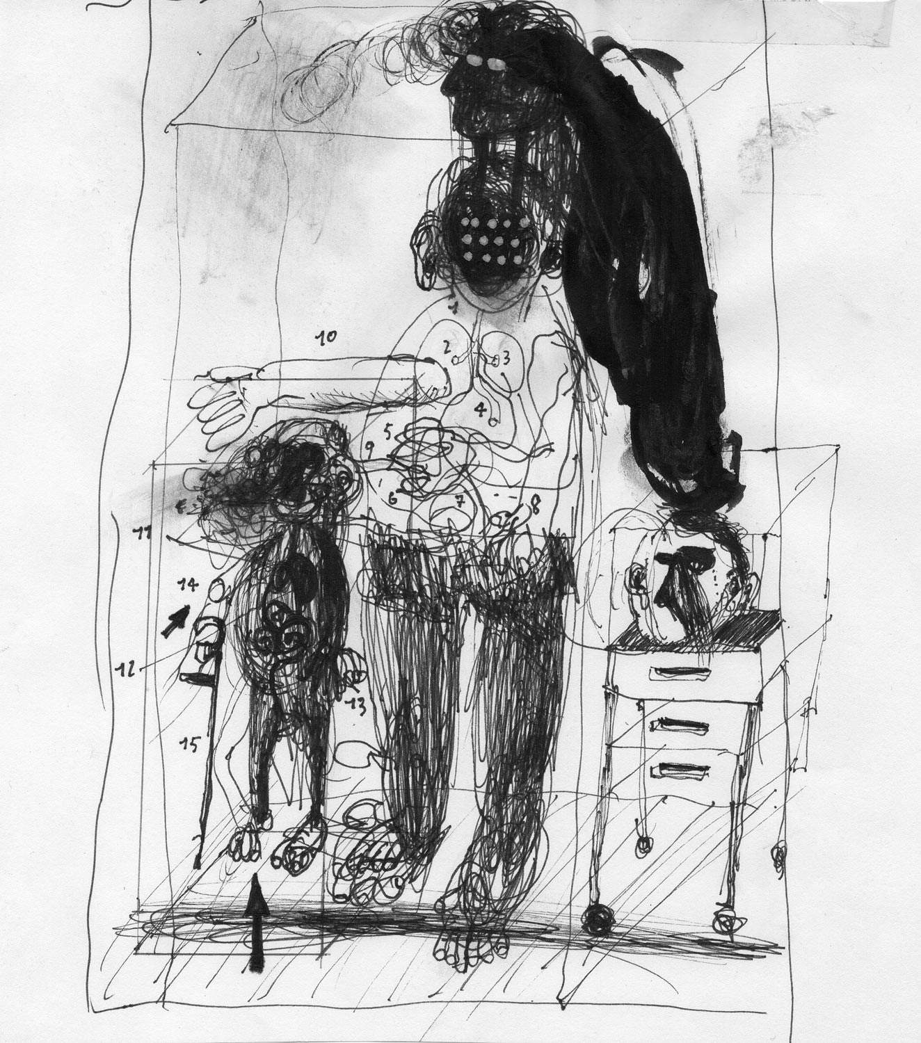 Riccardo Gemma, Groupe sculptural (esquisse) (2016 ; biros, graphite, encre, 21 x 15 cm). Riccardo Gemma, Groupe sculptural (esquisse) (2016 ; biros, graphite, encre, 21 x 15 cm).
