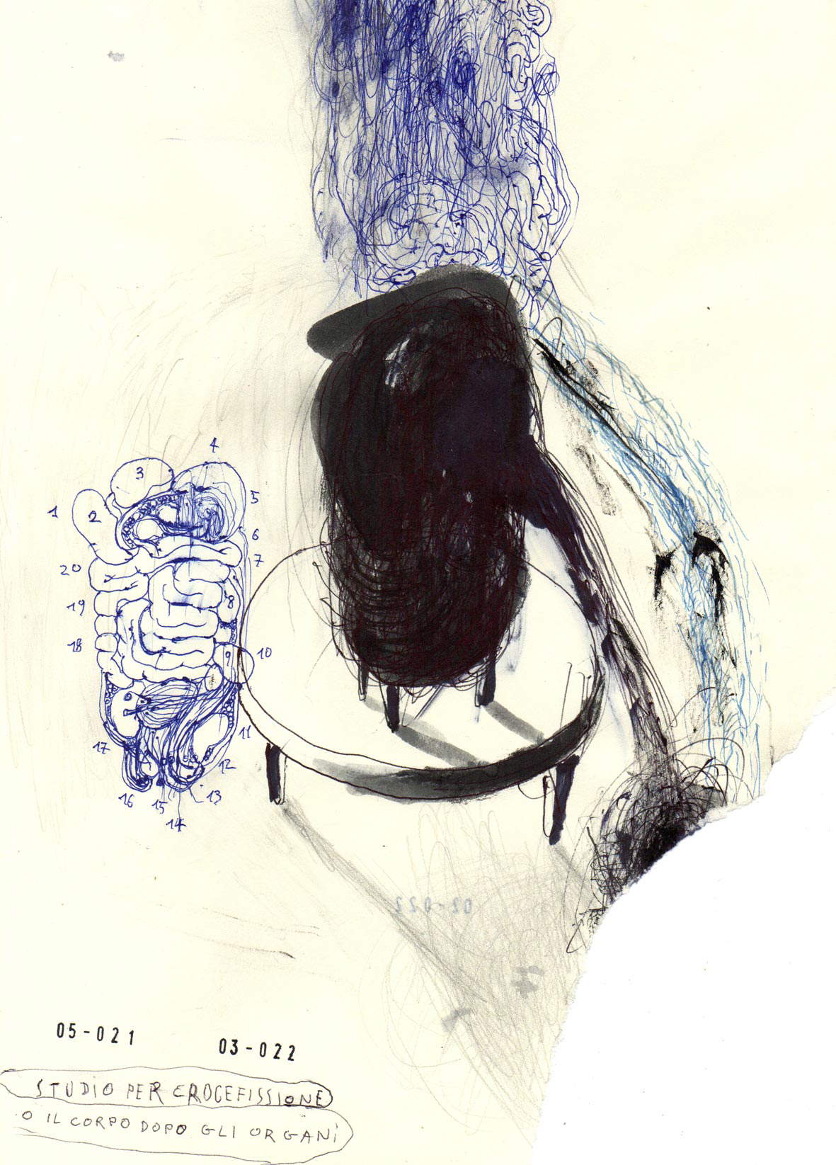 Riccardo Gemma, Étude pour la crucifixion ou le corps après les organes (2022 ; biros, marqueur et encre, 29,7 x 21 cm) Riccardo Gemma, Étude pour la crucifixion ou le corps après les organes (2022 ; biros, marqueur et encre, 29,7 x 21 cm)