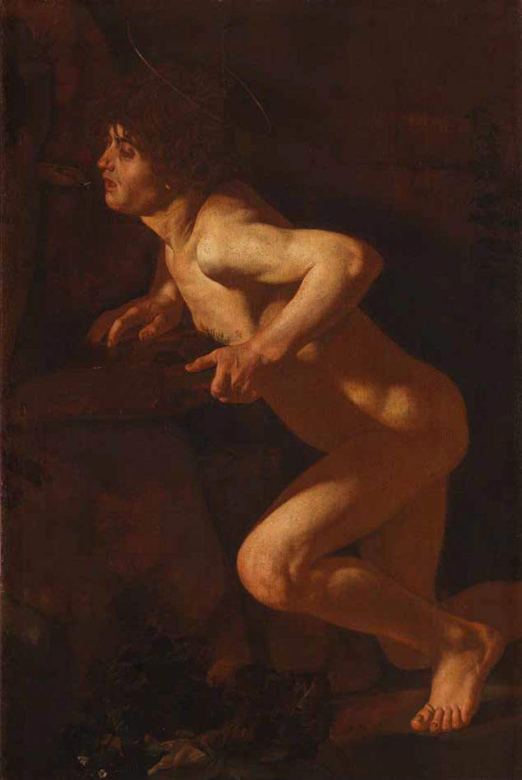 Francesco Boneri detto Cecco del Caravaggio, San Giovanni Battista al fonte (olio su tela, 80 × 55 cm; Venezia, Collezione Pizzi) Francesco Boneri detto Cecco del Caravaggio, San Giovanni Battista al fonte (olio su tela, 80 × 55 cm; Venezia, Collezione Pizzi)