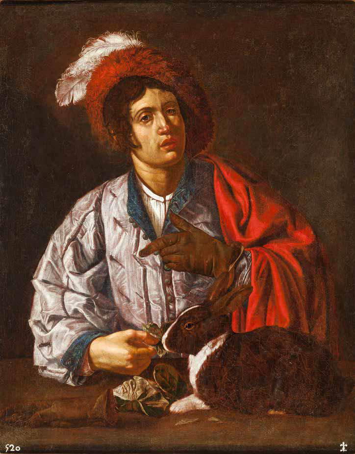 Francesco Boneri detto Cecco del Caravaggio, Uomo con coniglio (olio su tela, 66 × 47 cm; Madrid, Colecciones Reales, Patrimonio Nacional, Palacio Real de La Granja de San Ildefonso, inv. 10010148) Francesco Boneri detto Cecco del Caravaggio, Uomo con coniglio (olio su tela, 66 × 47 cm; Madrid, Colecciones Reales, Patrimonio Nacional, Palacio Real de La Granja de San Ildefonso, inv. 10010148)