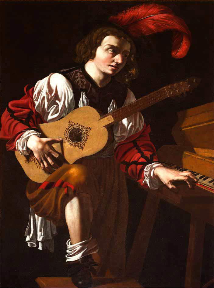Monogrammista RG, Suonatore che accorda la chitarra (olio su tela, 132,5 × 96 cm; Collezione BPER Banca) Monogrammista RG, Suonatore che accorda la chitarra (olio su tela, 132,5 × 96 cm; Collezione BPER Banca)