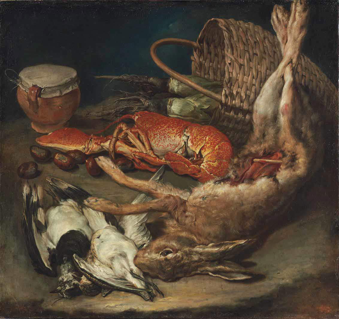 Giacomo Ceruti, Nature morte avec lièvre, volaille, homard, panier inversé avec légumes, pot scellé et châtaignes (1736 ; huile sur toile, 63 × 67,5 cm ; Kassel, Museumslandschaft Hessen, Gemäldegalerie Alte Meister, inv. -NR.GK 986) Giacomo Ceruti, Nature morte avec lièvre, volaille, homard, panier inversé avec légumes, pot scellé et châtaignes (1736 ; huile sur toile, 63 × 67,5 cm ; Kassel, Museumslandschaft Hessen, Gemäldegalerie Alte Meister, inv. -NR.GK 986)