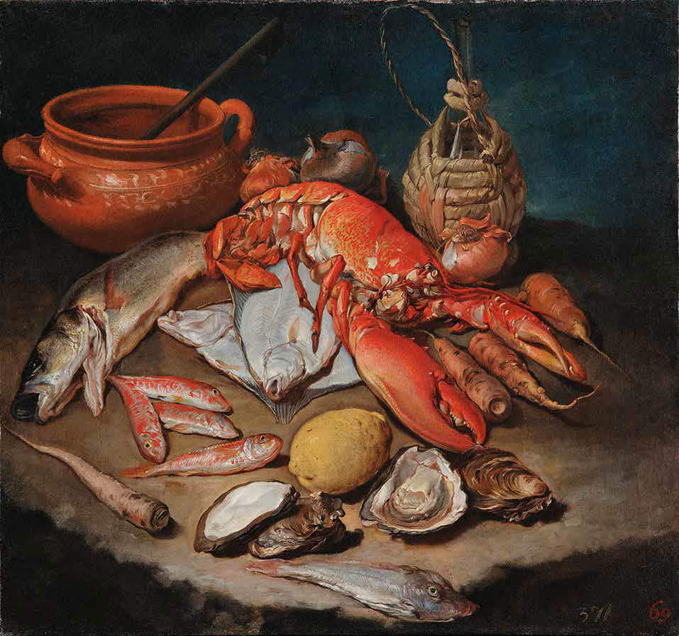 Giacomo Ceruti, Nature morte avec huîtres, homard, poisson, citron, racine amère, carottes, oignons, marmite avec louche et gourde garnie (1736 ; huile sur toile, 62,9 × 67,6 cm ; Collection privée - Genève, Galerie Rob Smeets) Giacomo Ceruti, Nature morte avec huîtres, homard, poisson, citron, racine amère, carottes, oignons, marmite avec louche et gourde garnie (1736 ; huile sur toile, 62,9 × 67,6 cm ; Collection privée - Genève, Galerie Rob Smeets)
