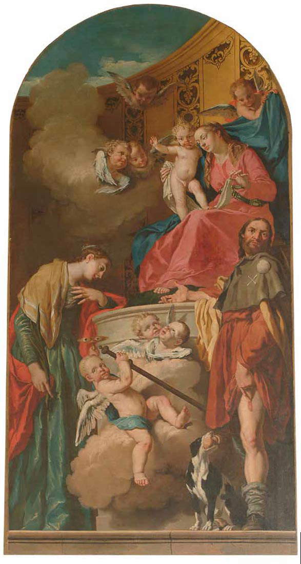 Giacomo Ceruti, Vierge à l'enfant avec les saints Lucia et Rocco (vers 1738-1739 ; huile sur toile, 365 × 185 cm ; Padoue, église du Corpus Christi, anciennement Santa Lucia) Giacomo Ceruti, Vierge à l'enfant avec les saints Lucia et Rocco (vers 1738-1739 ; huile sur toile, 365 × 185 cm ; Padoue, église du Corpus Christi, anciennement Santa Lucia)