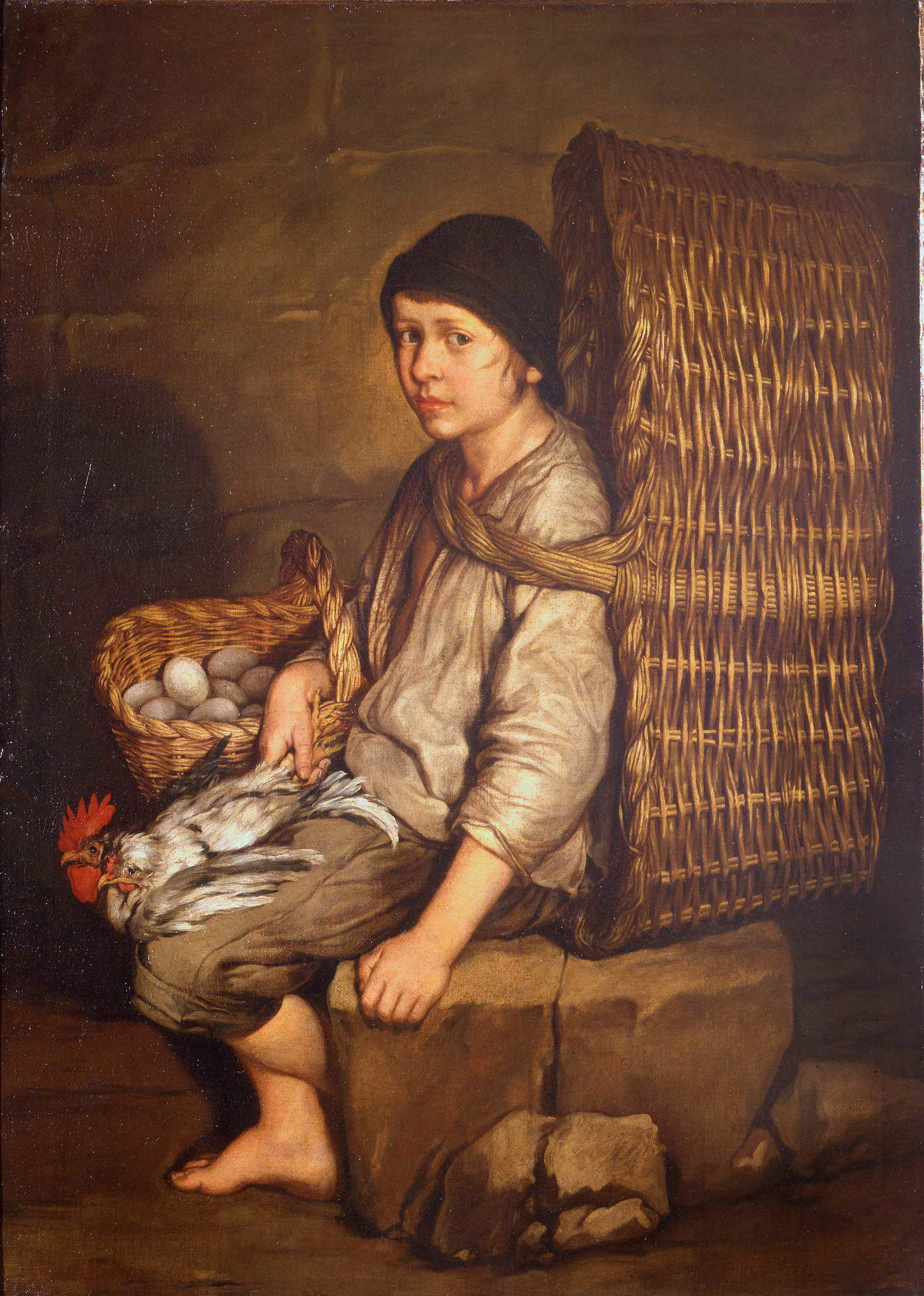 Giacomo Ceruti, Porteur assis avec un panier sur l'épaule, des œufs et des volailles (vers 1730-1735 ; huile sur toile, 130 × 95 cm ; Milan, Pinacothèque de Brera, Reg. Cron. 5650) Giacomo Ceruti, Porteur assis avec un panier sur l'épaule, des œufs et des volailles (vers 1730-1735 ; huile sur toile, 130 × 95 cm ; Milan, Pinacothèque de Brera, Reg. Cron. 5650)