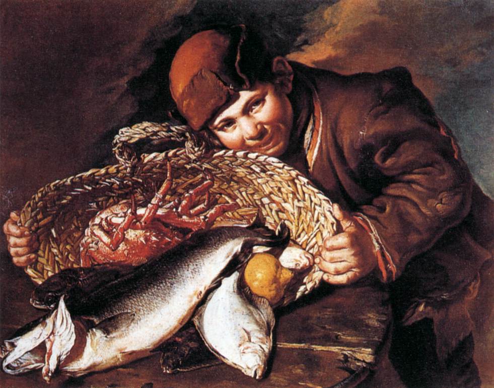 Giacomo Ceruti, Ragazzo con cesta di pesci e granseola (vers 1735-1740 ; huile sur toile, 56 × 73 cm ; Florence, galeries des Offices, palais Pitti, inv. Objets d'art Pitti n° 301) Giacomo Ceruti, Ragazzo con cesta di pesci e granseola (vers 1735-1740 ; huile sur toile, 56 × 73 cm ; Florence, galeries des Offices, palais Pitti, inv. Objets d'art Pitti n° 301)