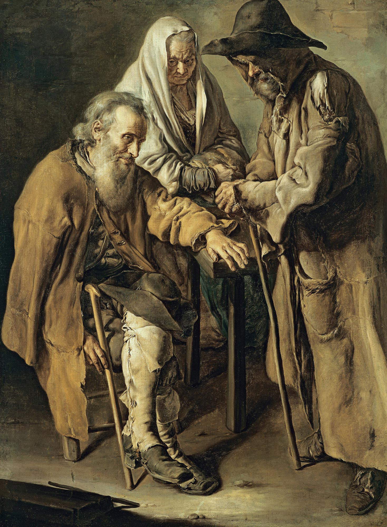 Giacomo Ceruti, Tre pitocchi (1736 ; huile sur toile, 130 × 95,5 cm ; Madrid, Museo Nacional Thyssen-Bornemisza, inv. 86 (1975.43), en dépôt à Barcelone, Museu Nacional d'Art de Catalunya, inv. MNAC 212852-000) Giacomo Ceruti, Tre pitocchi (1736 ; huile sur toile, 130 × 95,5 cm ; Madrid, Museo Nacional Thyssen-Bornemisza, inv. 86 (1975.43), en dépôt à Barcelone, Museu Nacional d'Art de Catalunya, inv. MNAC 212852-000)