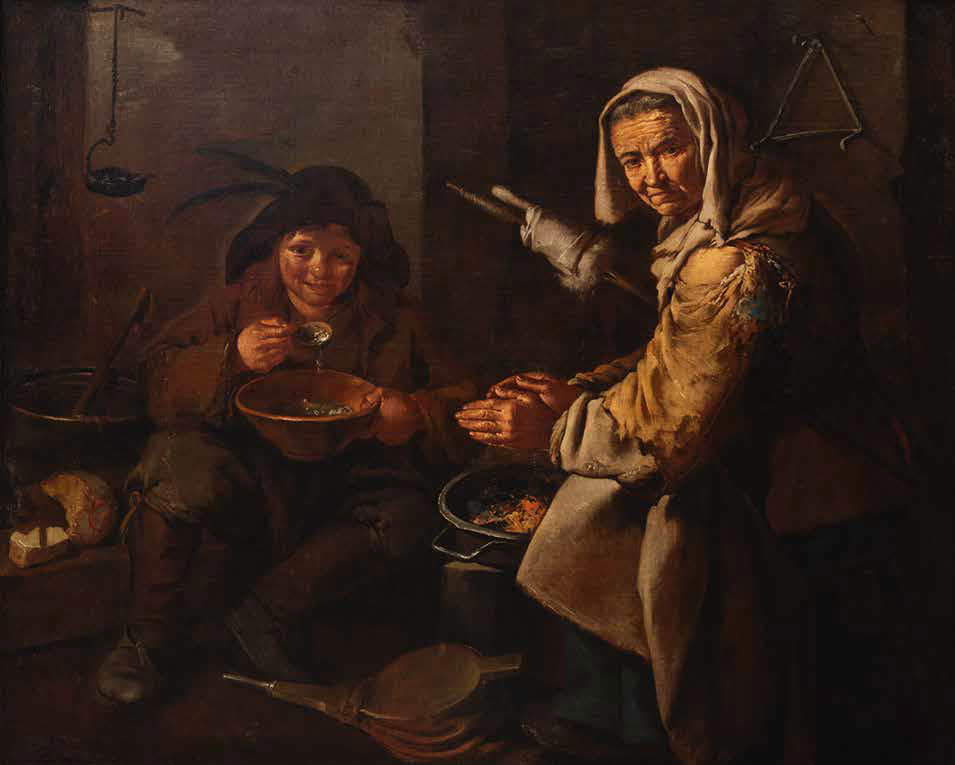 Giacomo Cipper dit Todeschini, Vieille fileuse et garçon mangeur (1705 ; huile sur toile, 110 × 145 cm ; Collection privée) Giacomo Cipper dit Todeschini, Vieille fileuse et garçon mangeur (1705 ; huile sur toile, 110 × 145 cm ; Collection privée)