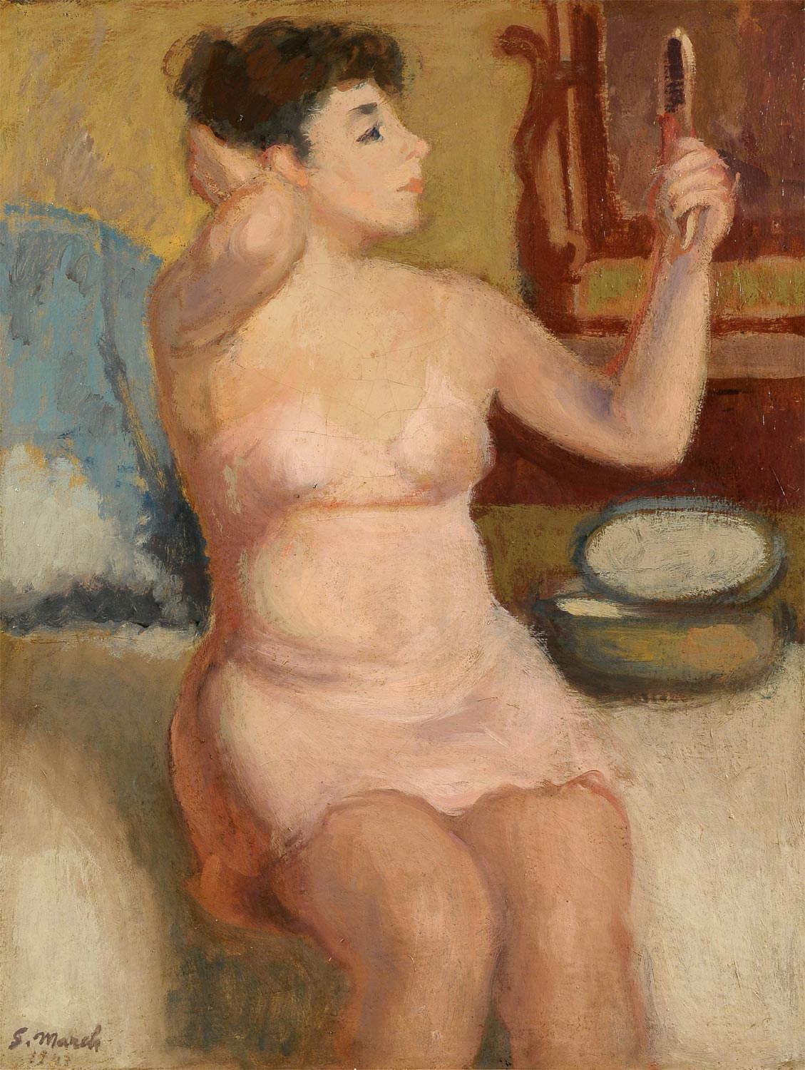 Giovanni March, Muchacha mirándose al espejo (1943; óleo sobre lienzo, 82x62 cm; Colección particular) Giovanni March, Muchacha mirándose al espejo (1943; óleo sobre lienzo, 82x62 cm; Colección particular)