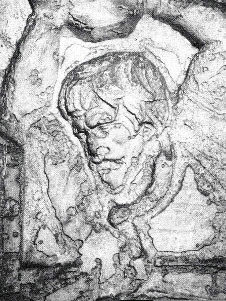 Rome, Trajan's Column, figure of dace throwing stones from a wooden fort (cast 1862). Evident are phenomena of alveolization. Rome, Trajan's Column, figure of dace throwing stones from a wooden fort (cast 1862). Evident are phenomena of alveolization.