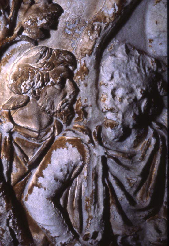 Trajan Column, bearded figure of Dacian soldiers. Evident are layers of calcium oxalate, here brownish like those found on Elgin marbles. Trajan Column, bearded figure of Dacian soldiers. Evident are layers of calcium oxalate, here brownish like those found on Elgin marbles.