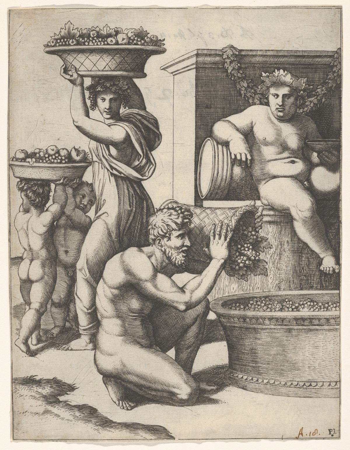 Marcantonio Raimondi (nach einer Zeichnung von Giovanni Francesco Penni), Weinlese (um 1517-1520; Kupferstich, 190 x 145 mm; New York, Metropolitan Museum) Marcantonio Raimondi (nach einer Zeichnung von Giovanni Francesco Penni), Weinlese (um 1517-1520; Kupferstich, 190 x 145 mm; New York, Metropolitan Museum)