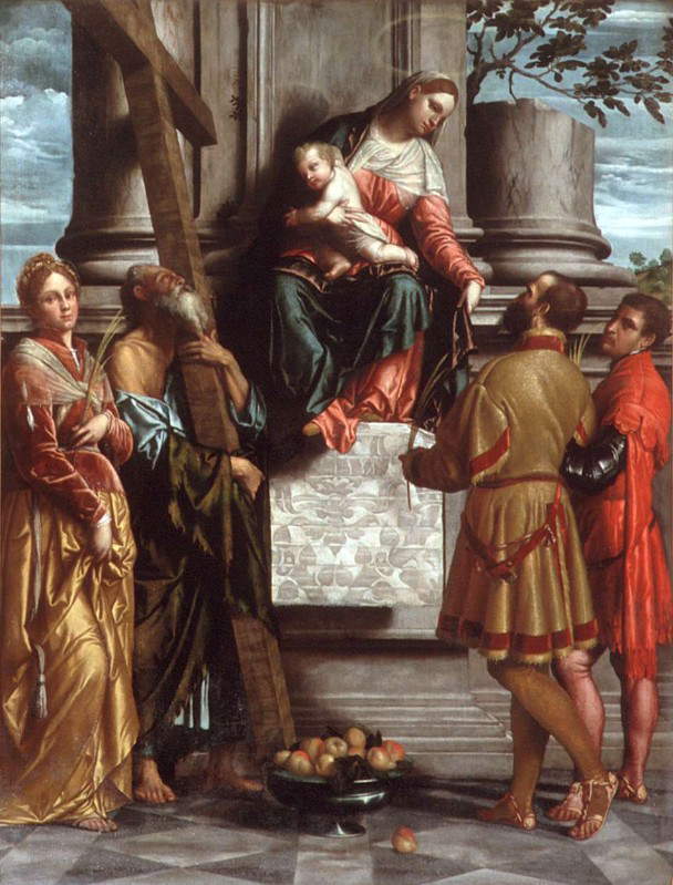 Alessandro Bonvicini, genannt Moretto, Thronende Madonna zwischen den Heiligen Andreas, Eusebia, Domno und Domneone (1536; Öl auf Leinwand, 224 x 174 cm; Bergamo, Sant'Andrea) Alessandro Bonvicini, genannt Moretto, Thronende Madonna zwischen den Heiligen Andreas, Eusebia, Domno und Domneone (1536; Öl auf Leinwand, 224 x 174 cm; Bergamo, Sant'Andrea)