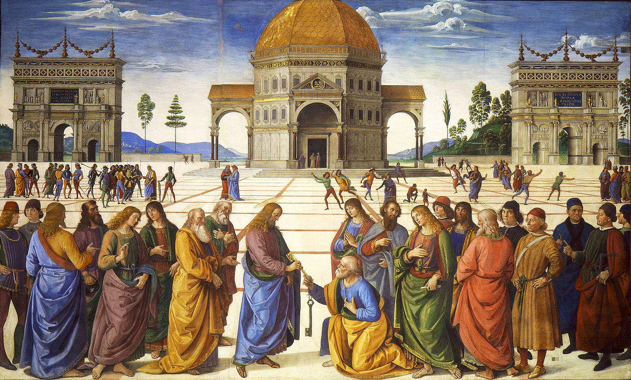 Perugino, Delivery of the Keys (c. 1481-1482; fresco, 340 x 550 cm; Vatican City, Sistine Chapel) Perugino, Delivery of the Keys (c. 1481-1482; fresco, 340 x 550 cm; Vatican City, Sistine Chapel)