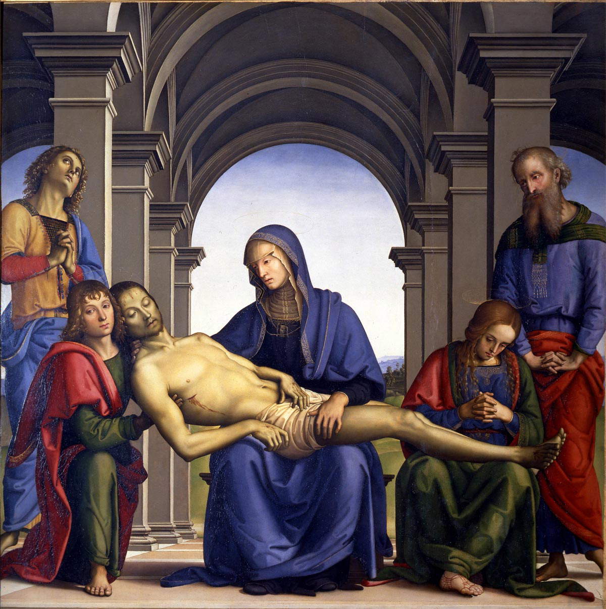 Perugino, Pieta (1493-1496; oil on panel, 168 x 176 cm; Florence, Uffizi Galleries) Perugino, Pieta (1493-1496; oil on panel, 168 x 176 cm; Florence, Uffizi Galleries)