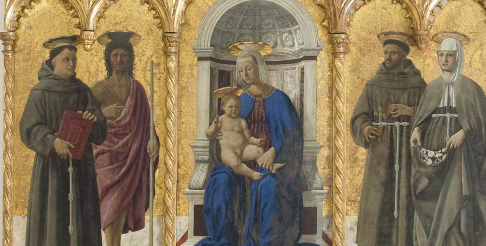 Piero della Francesca, Polyptych of St. Anthony, detail (c. 1467-1469; oil on panel, 212 x 390 cm; Perugia, National Gallery of Umbria) Piero della Francesca, Polyptych of St. Anthony, detail (c. 1467-1469; oil on panel, 212 x 390 cm; Perugia, National Gallery of Umbria)