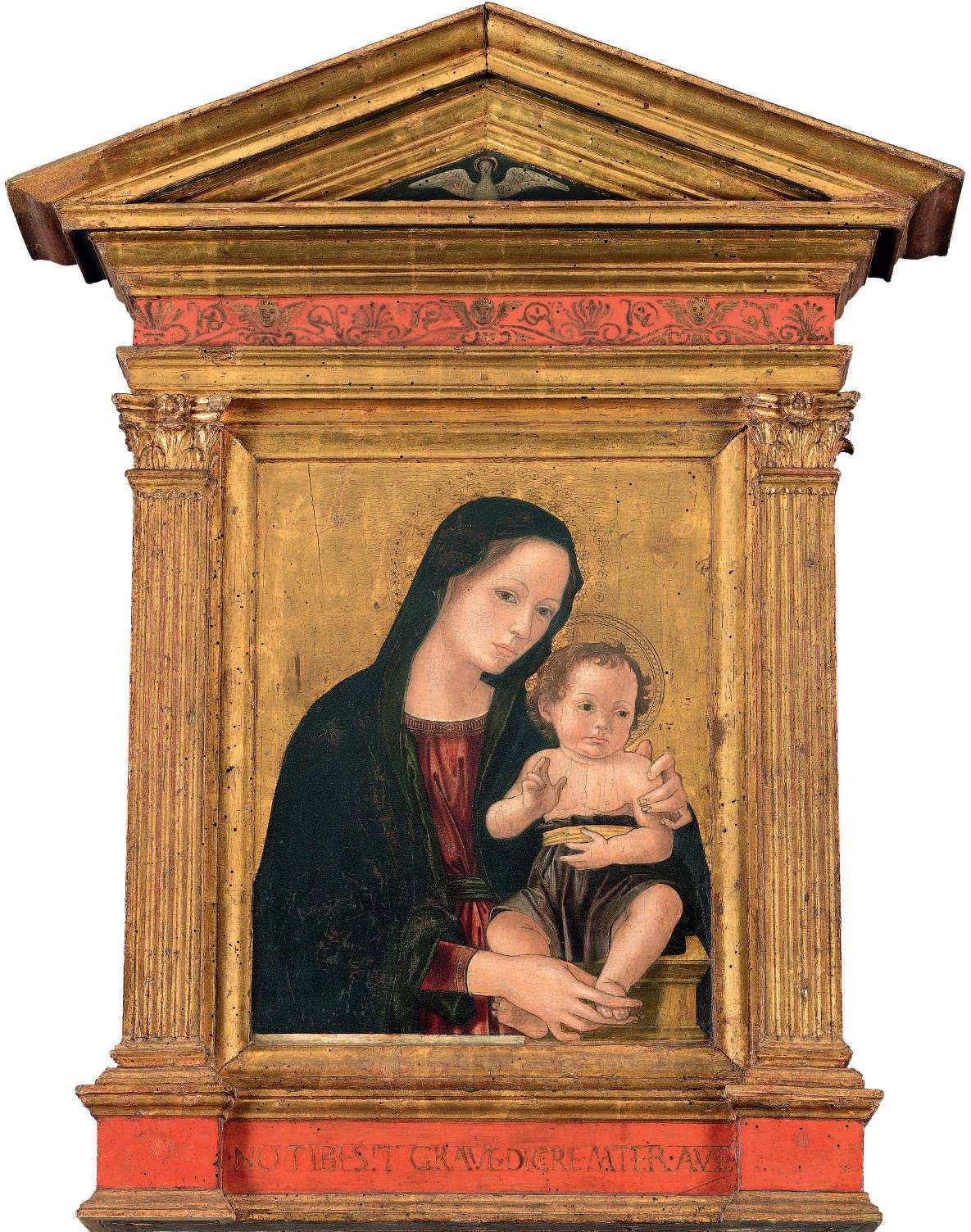 Antoniazzo Romano, Vierge à l'enfant (vers 1476 ; tempera sur panneau de bois, 41 x 30,5 cm ; 82 x 63,5 cm x 8, avec boiseries ; Pérouse, Galleria Nazionale dell'Umbria, inv. 109)