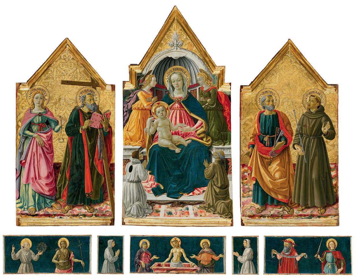 Bartolomeo Caporali et Sante di Apollonio del Celandro, Triptyque de la Confrérie de la Justice (1475-1476 ; tempera et huile sur panneau, 117 x 58,5 cm pour le compartiment central, 101,5 x 53 cm pour les compartiments latéraux, 20,2 x 194 cm pour la prédelle ; Pérouse, Galleria Nazionale dell'Umbria, inv. 230)