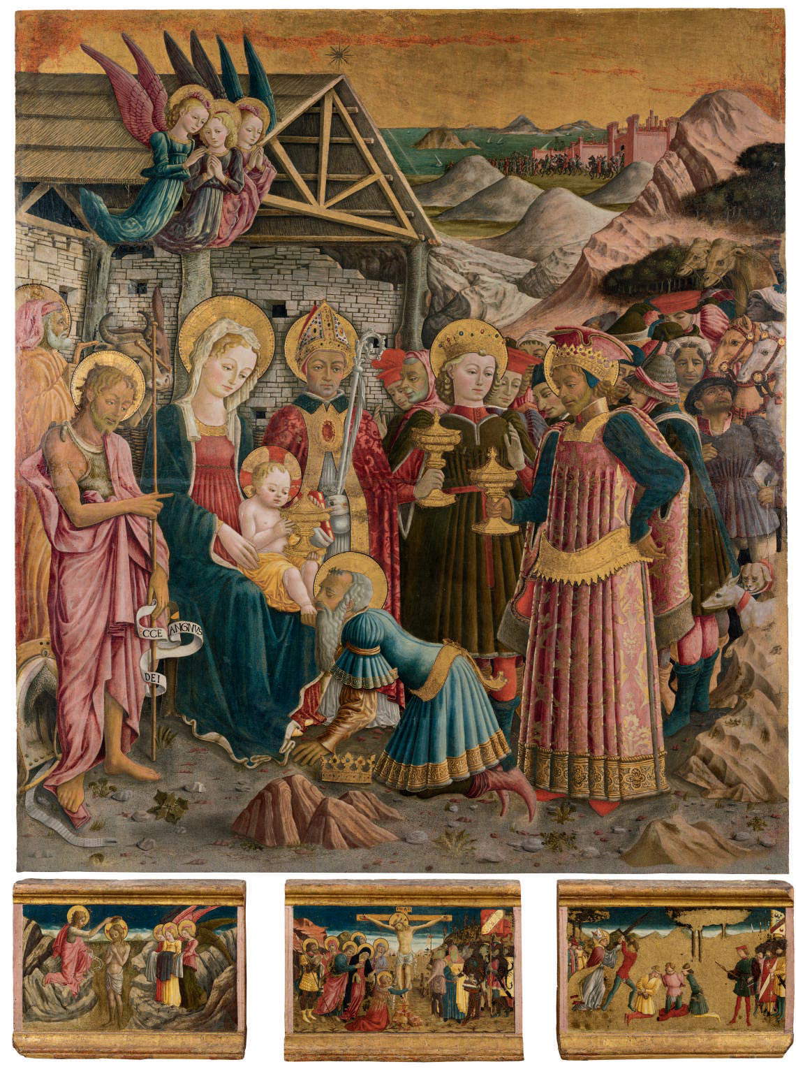 Benedetto Bonfigli, Adoration des Mages (1466 ; tempera sur panneau, 186,5 x 170 cm pour le compartiment central, 35,5 x 49,5, 36 x 50 et 35,8 x 50 cm pour les compartiments de la prédelle ; Pérouse, Galleria Nazionale dell'Umbria, inv. 140)