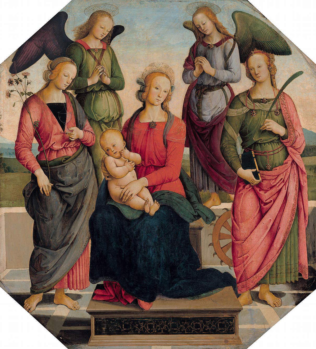 Atelier du Pérugin, Vierge à l'enfant trônant avec des anges entre les saintes Rose et Catherine d'Alexandrie (vers 1488-1492 ; huile sur panneau 99 x 90,2 cm Washington, National Gallery of Art, Corcoran Collection - William A. Clark Collection, inv. 2015.19.41)